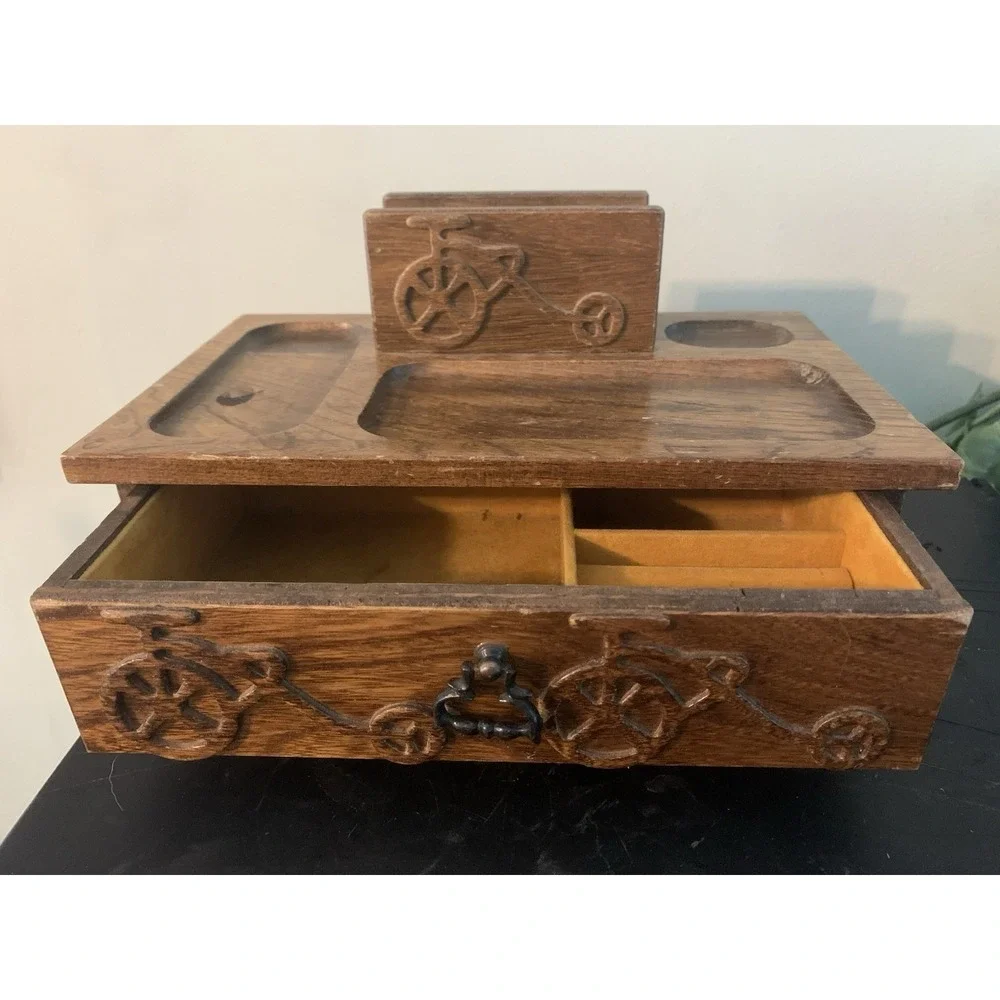 RARE Vintage Pat Yoshikawa Wooden Organizer Hand Carved Valet Box Dresser Bike